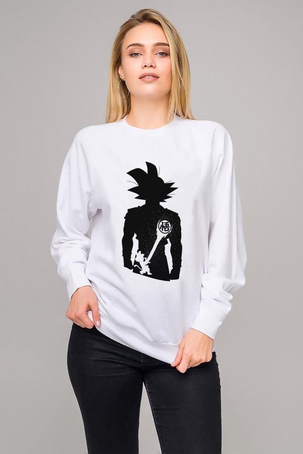 Silhouette Dragon Ball Printed White Women's Knitted Sweatshirt Long Sleeve