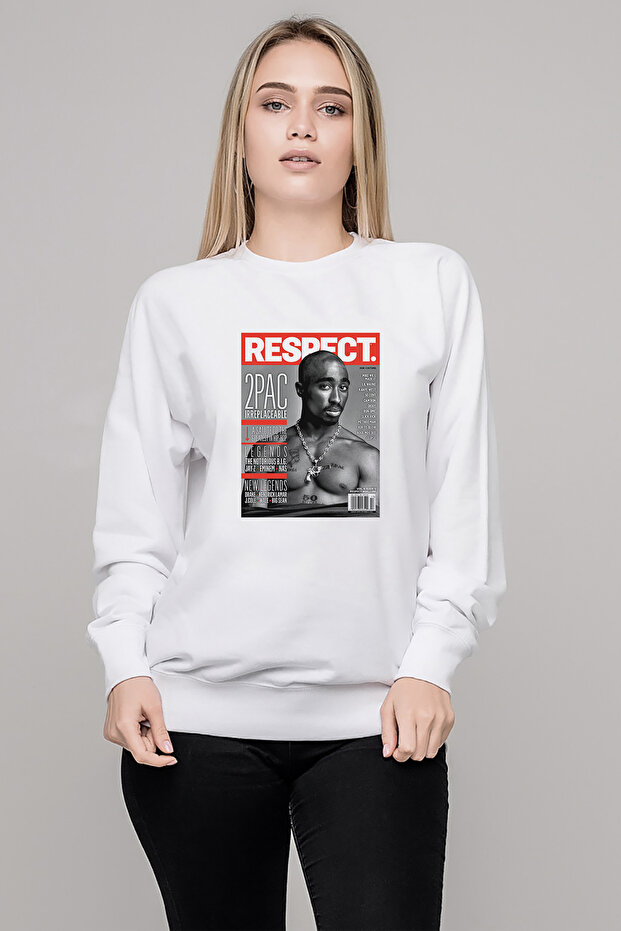 Rap Hiphop 2Pac Respect Cover Printed White Women's Knitted Sweatshirt Long Sleeve