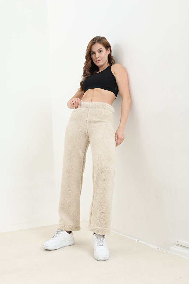 Women's Beige Soft Touch Welsoft Plush Wide Leg Winter Trousers