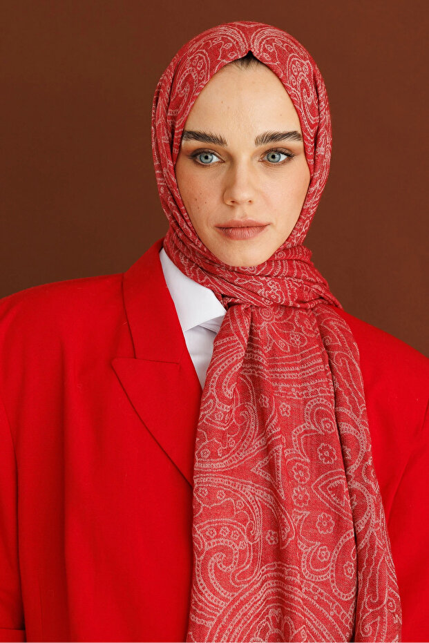 شال من الصوف والكشمير بنمط رومي أحمر
