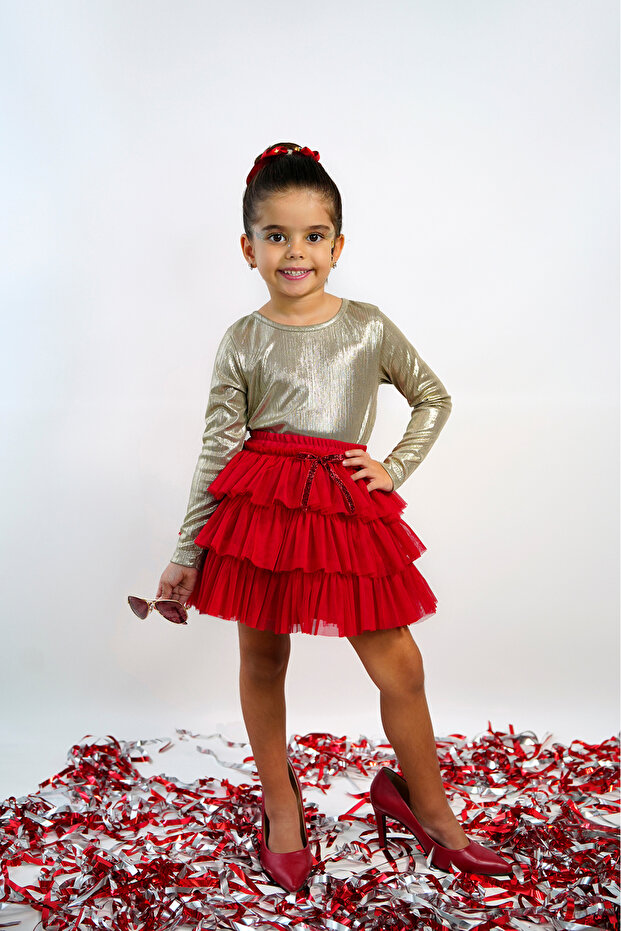 Sparkly Long Sleeve Snap-On Bodysuit and Layered Tulle Skirt Set