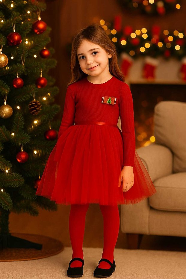 New Year Girl's Tulle Dress Christmas Christmas Party with Christmas Pine Tree Brooch Detail