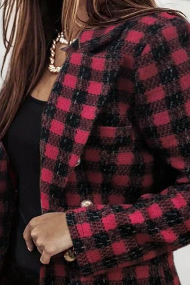 Buttoned Plaid Pattern Stylish Blazer Jacket - 2