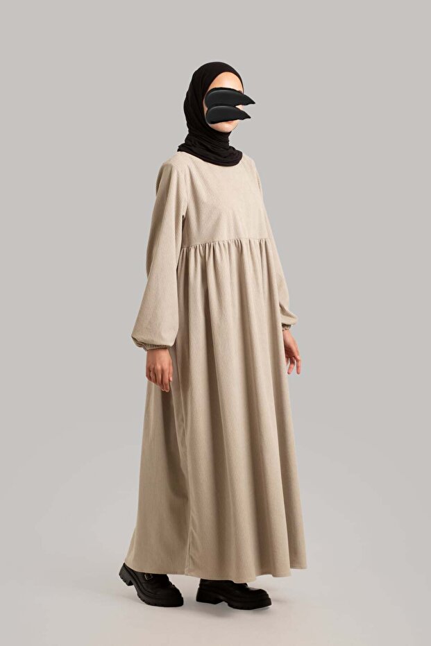 Kadife Elbise - Bej - 4