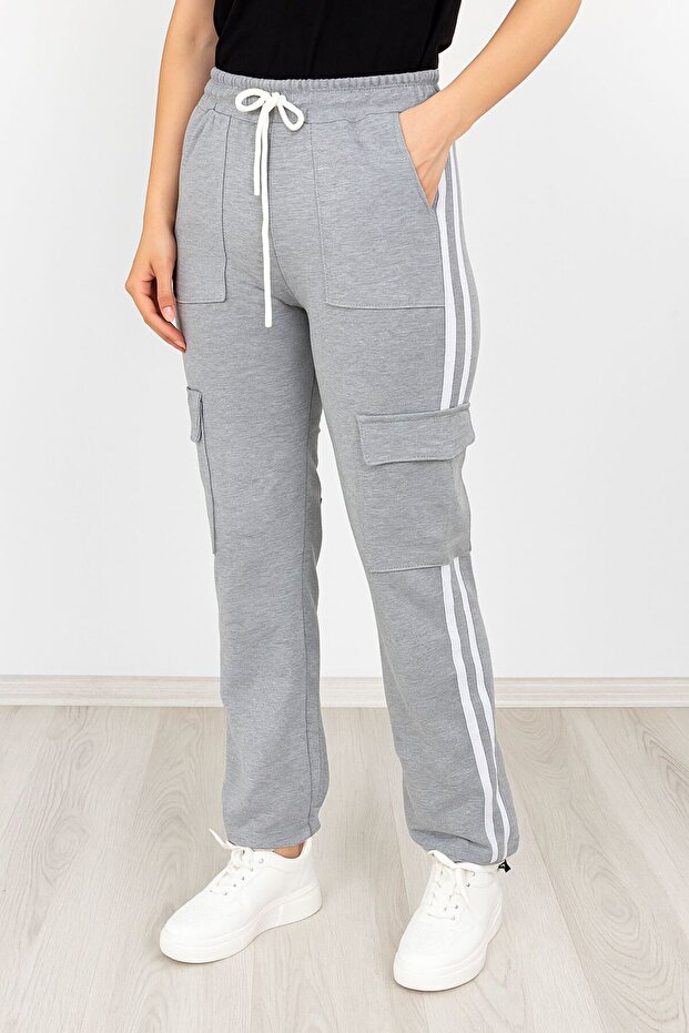 Combed Cotton 2-Thread Palazzo-Leg Cargo Pocket Piece Tracksuit with Side Stripes on the Bottom