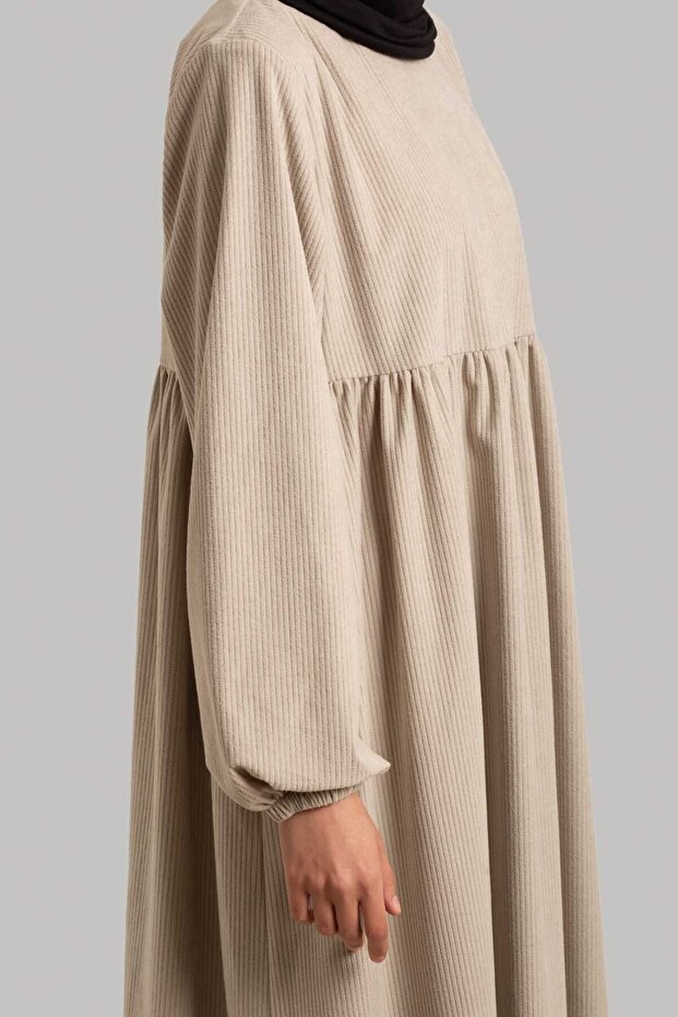 Kadife Elbise - Bej - 7