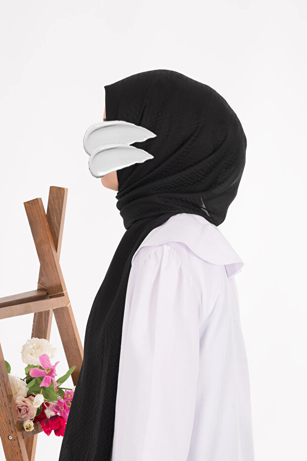 Square Pattern Jacquard Shawl - Black - 6