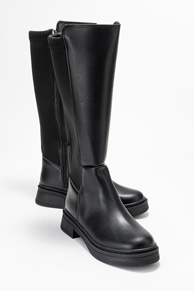 Women's Flat Stretch Boots Black Skin