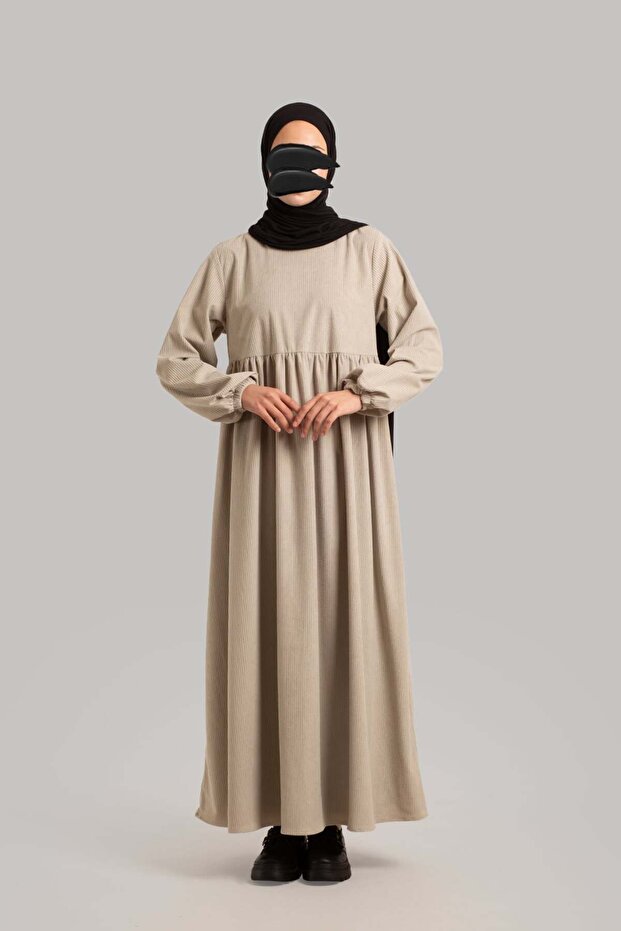 Kadife Elbise - Bej - 3