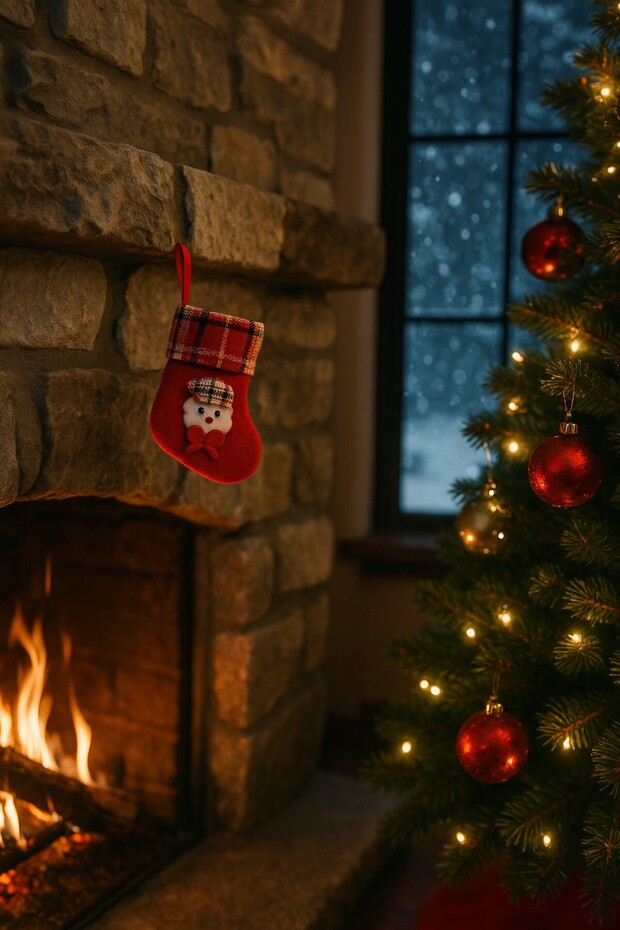 Little Red Christmas Stocking Decorated with Teddy Bear Ornament Decorative Fireplace and Tree Ornament Gift