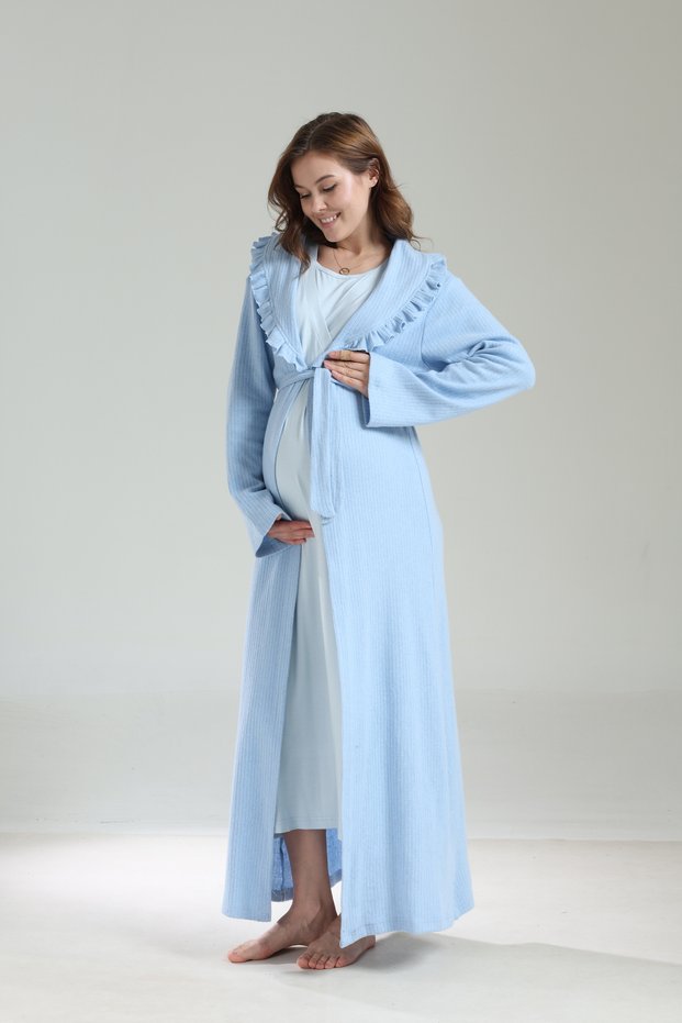 Women's Blue Jacquard Long Sleeve Full Length Winter 100% Cotton Design Maternity Nightgown Nightdress