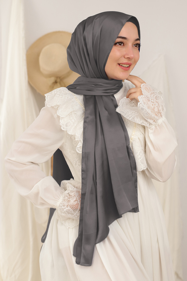 Light Smoked Evening Dress Janjan Shiny Satin Textured Hijab Evening Dress Chiffon Shawl