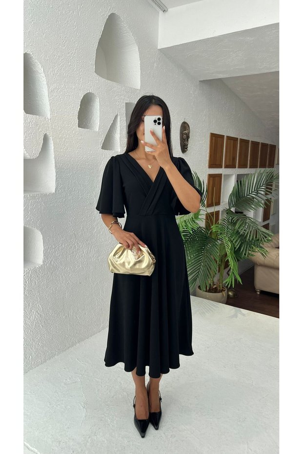Double-Breasted Collar Wide Sleeve Flared Midi Length Knitted Crepe Dress