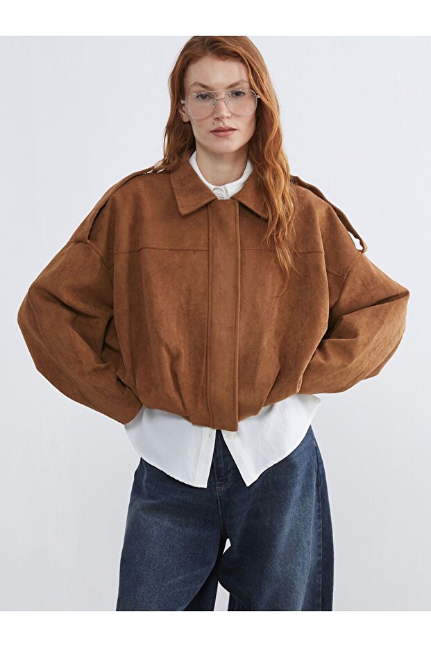 Lcw Vision Shirt Collar Oversized Women's Suede Look Jacket
