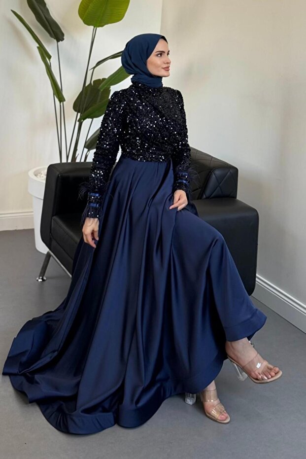 Samar Üst Pullu Drapeli Abiye Lacivert - 2