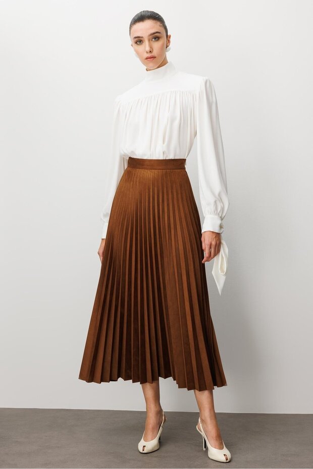 MODAİLGİ Pliseli Uzun Süet Etek 30005 Taba - 2