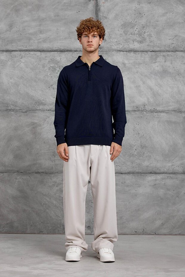 Men's Knitwear 251 Half Zipper Polo Navy Blue Oversize Zippered Knitwear Fabric