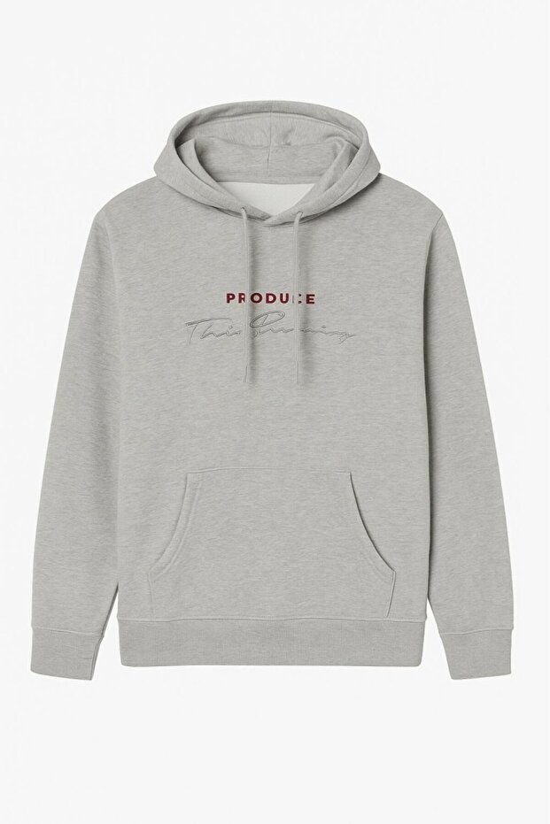 Men's Gray Hooded Sweatshirt Front Printed Gray Fleece-Lined Sweatshirt