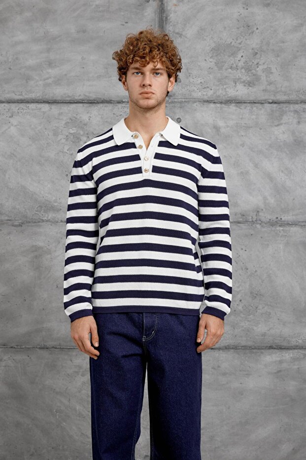 Men's Knitwear Gst Buttoned Polo Collar Navy Blue Knitwear Fabric