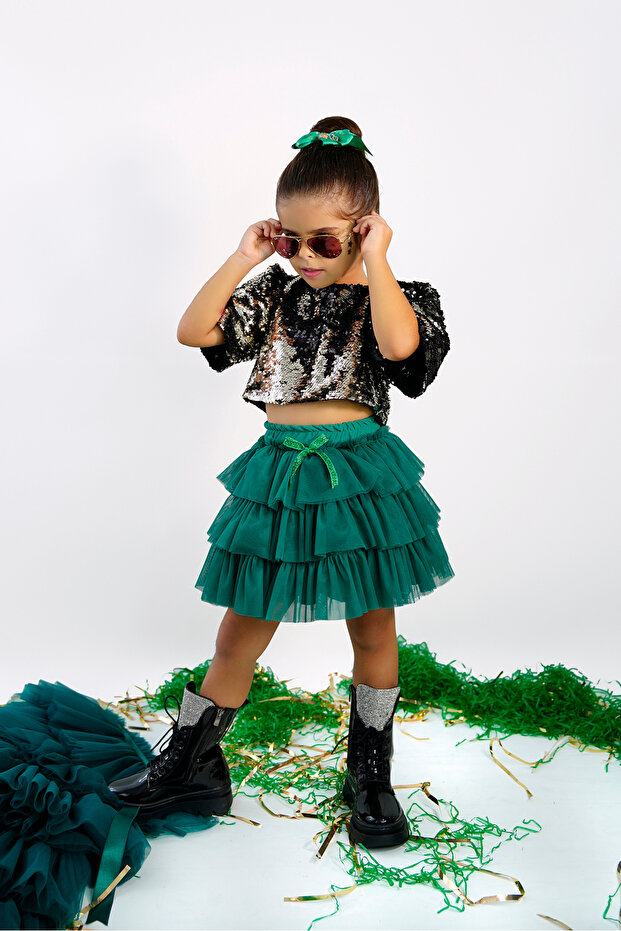 Sparkly Sequined Crop Blouse and Tiered Tulle Skirt 2 Piece Set
