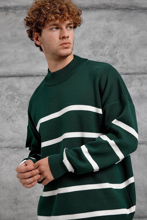 Men's Knitwear Dpp Half-Neck Striped Green Oversize Knitwear Fabric
