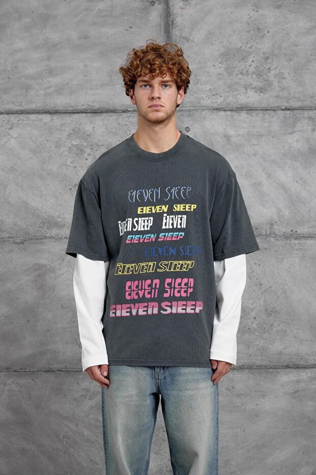 Men's Sweatshirt Eleven Sleep Parça Sleeves Smoked Oversize Printed