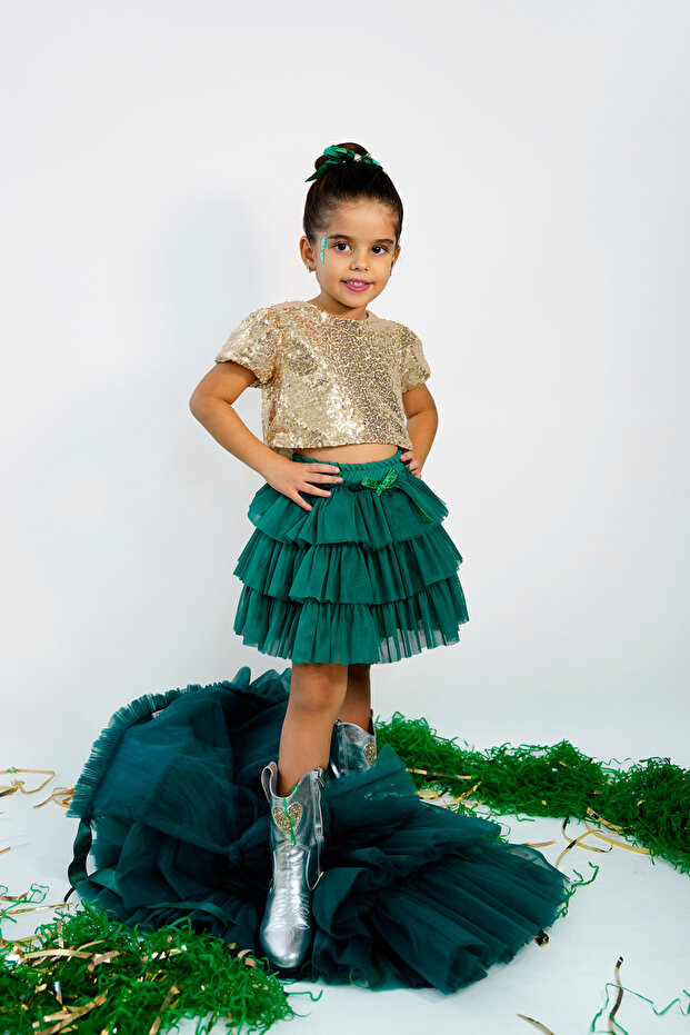 Sparkly Sequined Crop Blouse and Tiered Tulle Skirt 2 Piece Set