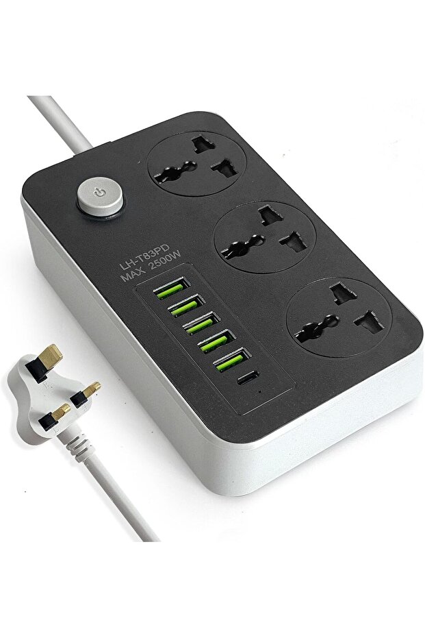 Power Strip 3 Outlets with 5 USB & 1 USB-C Ports, 2M Extension Cord