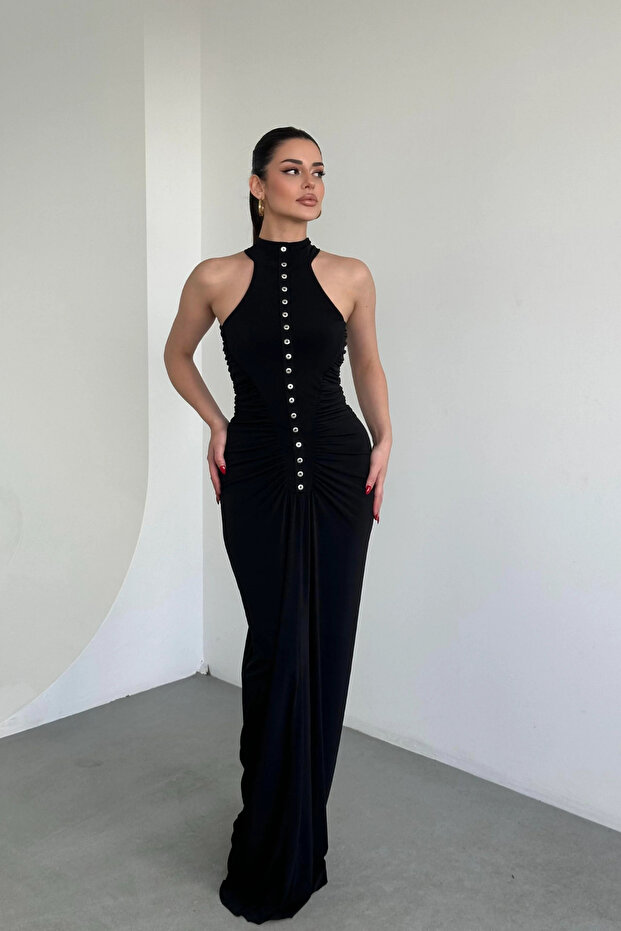 Drapeli Düğmeli Uzun Elbise - 2