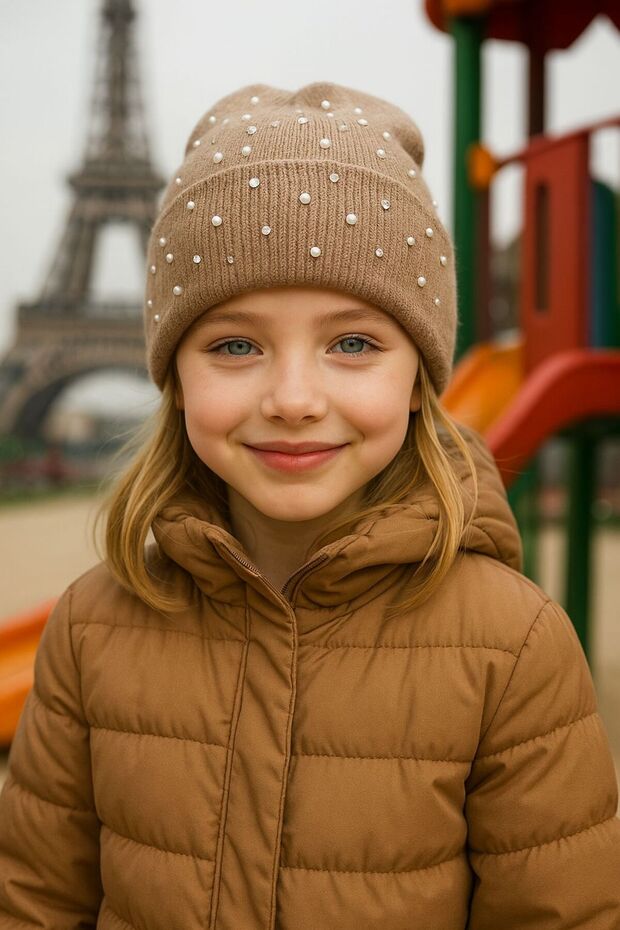 Mink Pearl Stone Embroidered Girl's Beret 7-12 Years Old