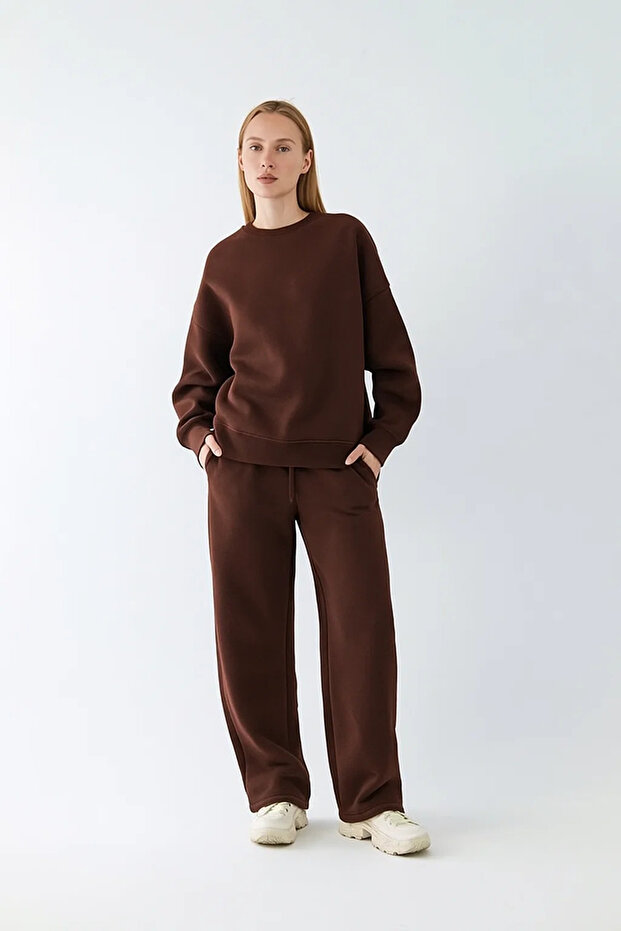 Women's Oversized Sweatshirt Brown – Crew Neck, 3 Thread Ş Fleece-Lined Fleece