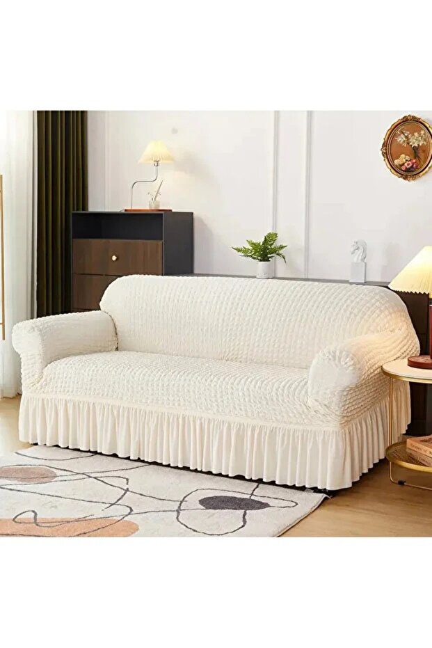 Bürümcük Stretch Fabric Sofa Cover, Three-Seater Sofa Cover 1 Piece, Cream Color