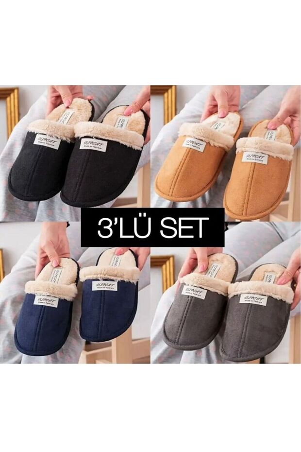 3-Pack Plush House Slippers Dowry Slippers Winter Slippers Soundless Lightweight Sole Indoor Slippers