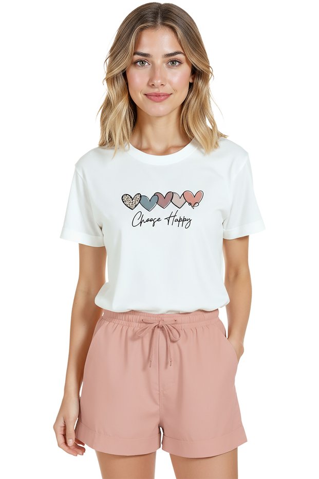 Women's White Relaxed Fit 100% Cotton T-Shirt – Heart Row &''Choose Happy'' Printed