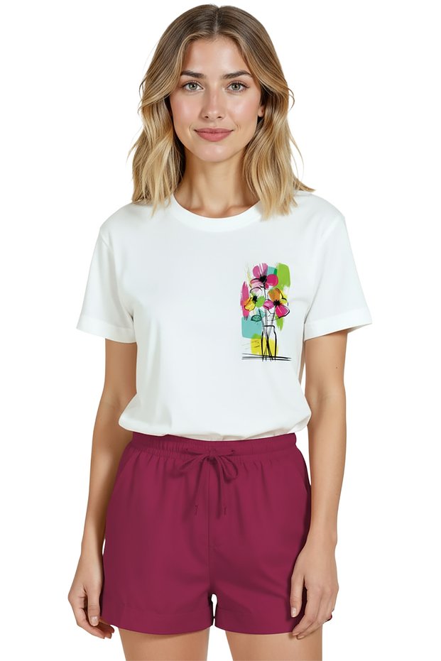 Women's White Relaxed Fit 100% Cotton T-Shirt – Watercolor Flower Bouquet Sketch Printed