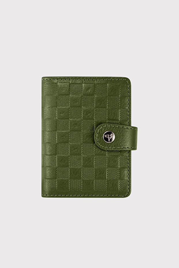 Beijing Genuine Leather Unisex Khaki Green Card Holder Wallet with Plenty of Card Holders and External Placket