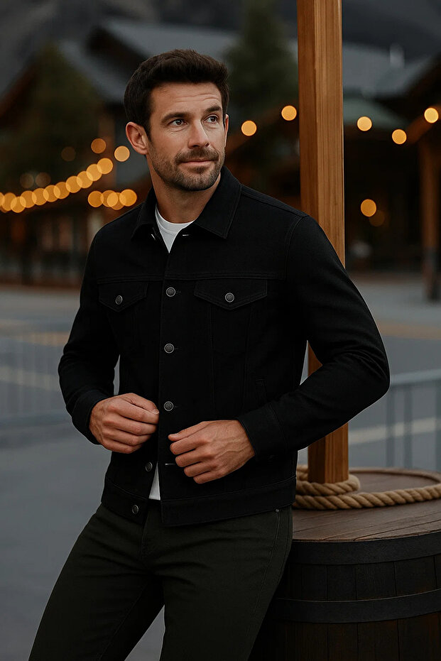 Men's Transitional Slim Fit Button Classic Black Denim Jacket