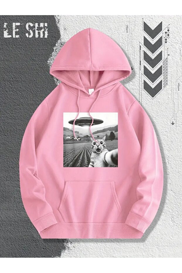 0 Ufo and Alien Cat Graphic Printed Comfortable Hooded Sweatshirt