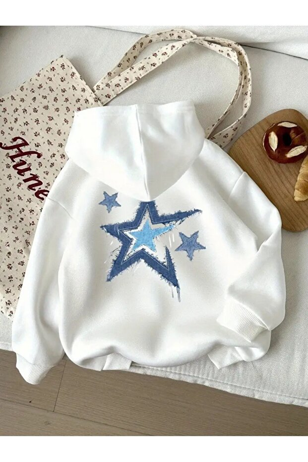 buendiakids Kız\Erkek Çocuk Beyaz Kot Yıldız Sırt Ve Ön Baskılı Kapuşonlu Sweatshirt