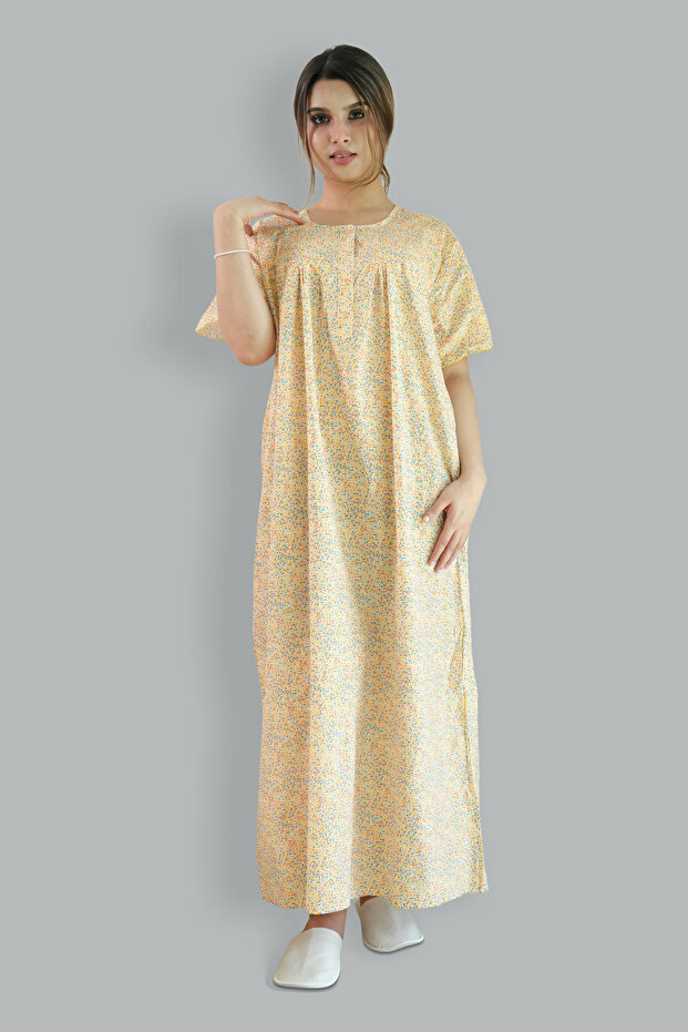 Printed Cotton Yellow Nighty - Round Neck