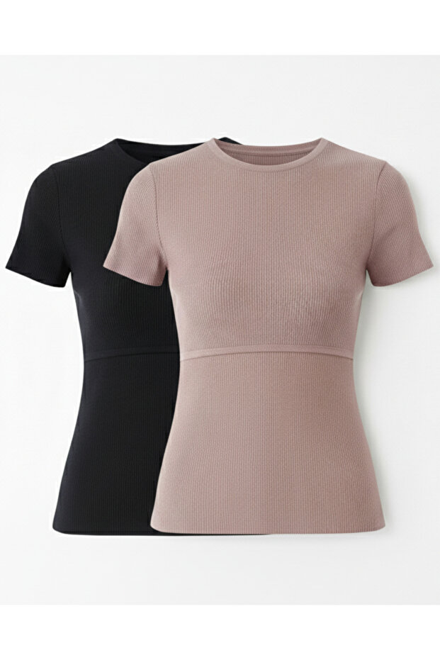 2-Piece Knitwear Breastfeeding T-Shirt - Pink & Black