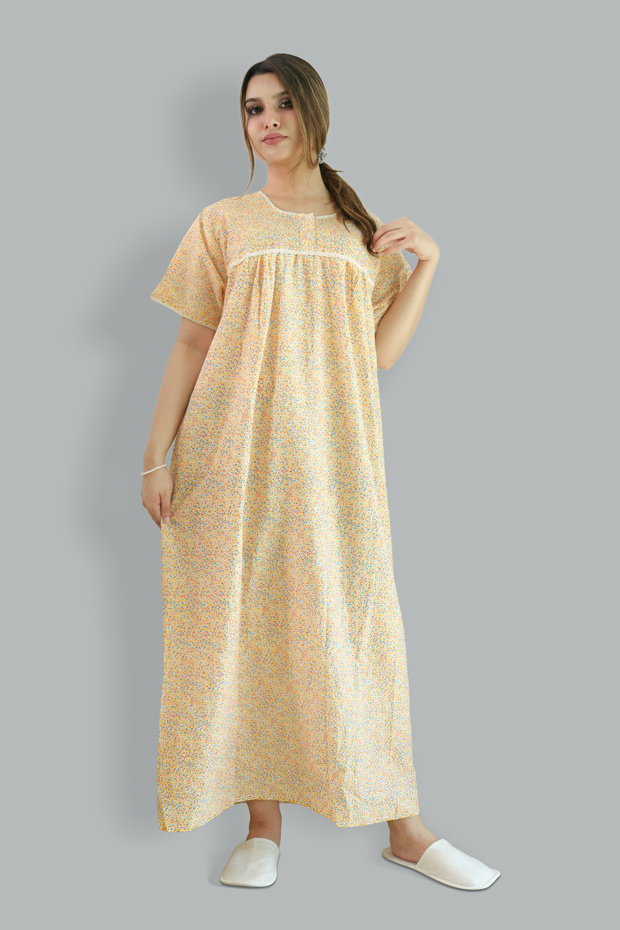Printed Cotton Yellow Nighty - Round Lace Neck