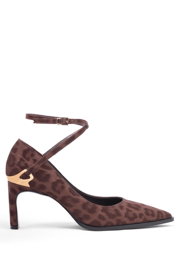 Leopard Patterned Ankle Strap Pointed Toe Women's Stiletto Shoes with Tie-Up Heels