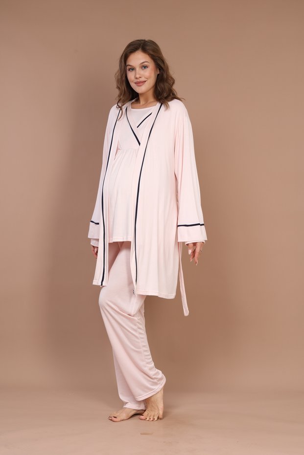 100% Cotton Long Sleeve Dressing Gown Piped Maternity Pajama Set