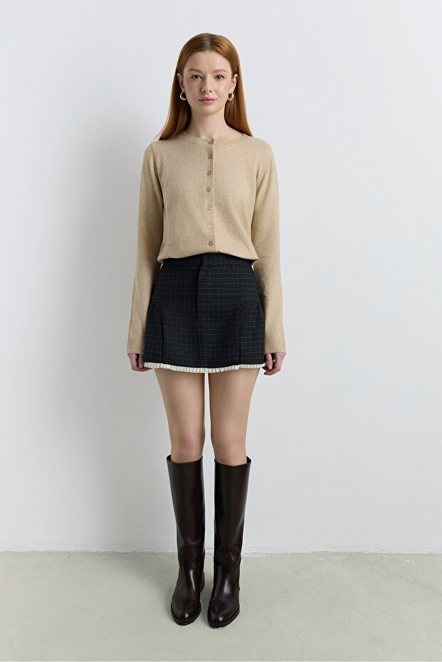 Kareli Dantelli Mini Şort Etek - 1