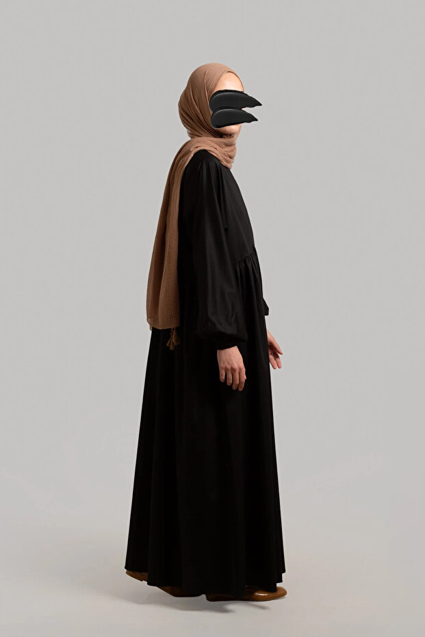 Basic Pamuk Saten Elbise - Siyah - 5