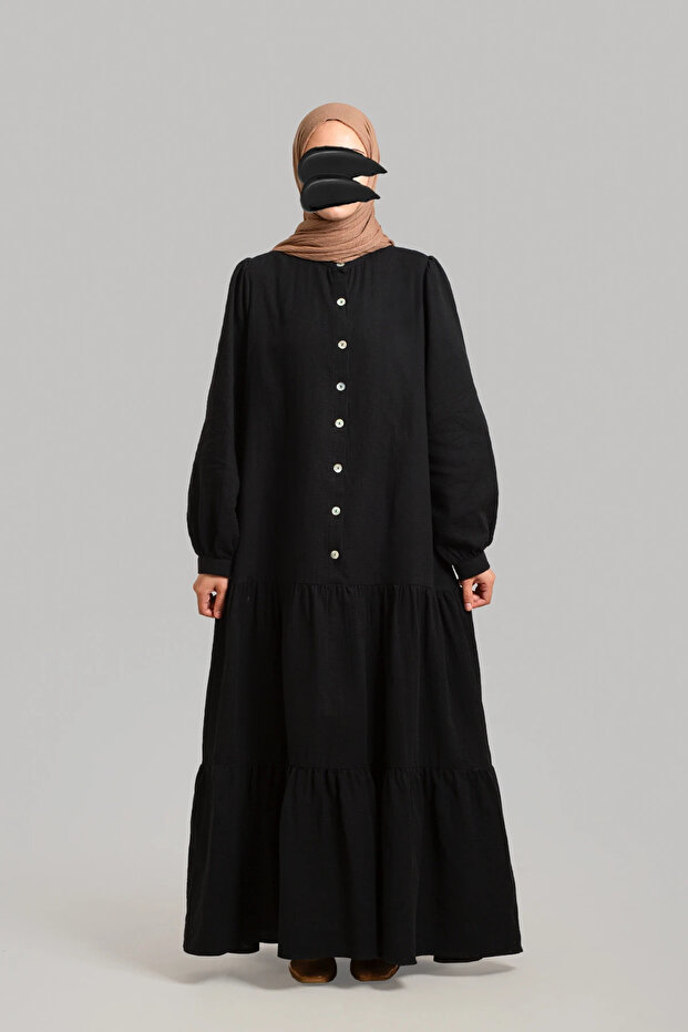 Half Buttoned Muslin Dress Black