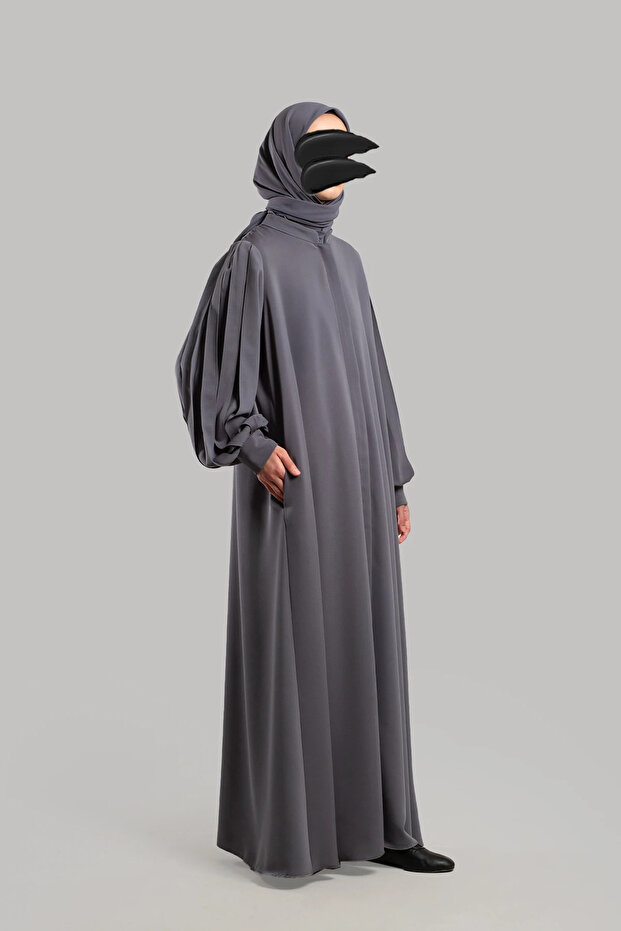 Piliseli Kol Fermuarlı Ferace - Soft Gri - 8