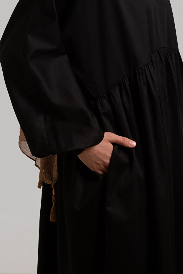 Basic Pamuk Saten Elbise - Siyah - 4