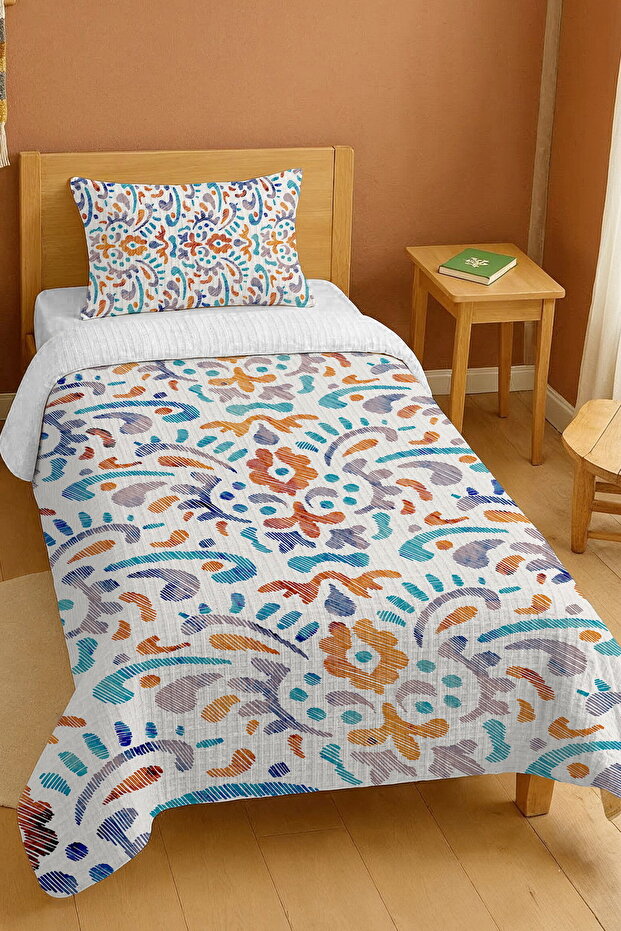 100% Cotton Turquoise Orange Ikat Motif Patterned Single Bedspread Set